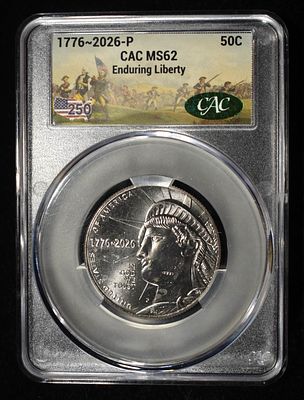 1776-2026-P 50C ENDURING LIBERTY CAC MS62. BID WITH SILVER CITY AUCTIONS ESTIMATE $80 - $120.