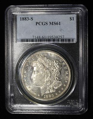 1883-S MORGAN DOLLAR PCGS MS-61. BID WITH SILVER CITY AUCTIONS ESTIMATE $1800 - $2000.