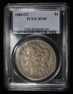 1889-CC MORGAN DOLLAR PCGS XF-40. LEADERS IN ON-LINE AUCTIONS ESTIMATE $5000 - $6000.