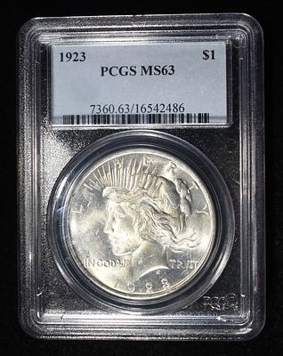1923 PEACE DOLLAR PCGS MS63. TOP RATED AUCTION HOUSE ESTIMATE $150 - $200.