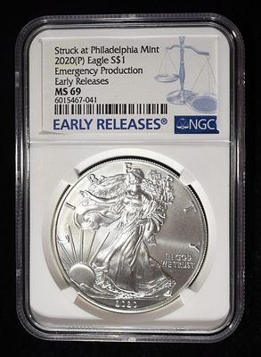 2020(P) AMERICAN SILVER EAGLE NGC MS69. LEADERS IN ON-LINE AUCTIONS ESTIMATE $140 - $190.