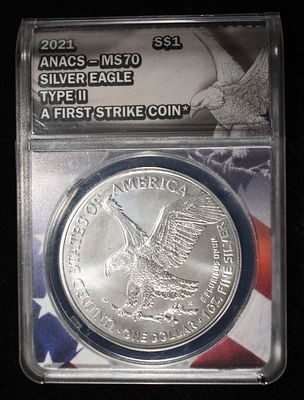 2021 AMERICAN SILVER EAGLE ANACS MS70 TYPE2. WEEKLY COIN & CURRENCY AUCTIONS ESTIMATE $120 - $170.