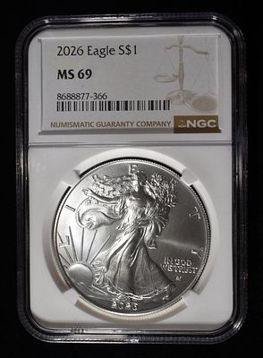 2026 AMERICAN SILVER EAGLE NGC MS69. CHECK OUT OUR UPCOMING AUCTIONS ESTIMATE $180 - $230.