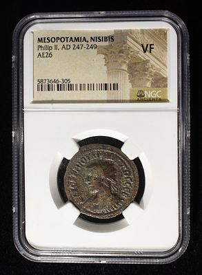 PHILIP II, AD 247-49 NGC VF. MESOPOTAMIA, NISIBIS, AE26 ESTIMATE $130 - $180.
