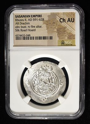 AD 591-628 KHUSRU II AR DRACHM NGC CH AU. SASANIAN EMPIRE, OBV BUST. RV FIRE ALTAR SILK ROAD 