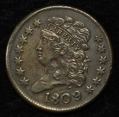 1809 HALF CENT XF/AU DAMAGE OBV. LEADERS IN ON-LINE AUCTIONS ESTIMATE $150 - $200.