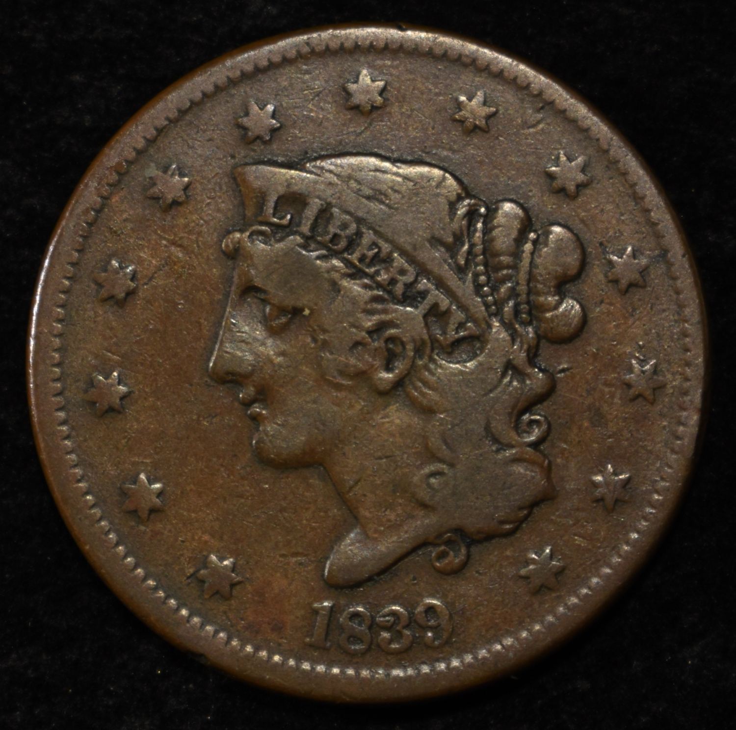 1839 BOOBY HEAD LARGE CENT FINE