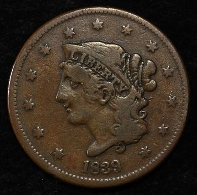 1839 BOOBY HEAD LARGE CENT FINE. CHECK OUT OUR UPCOMING AUCTIONS ESTIMATE $75 - $100.