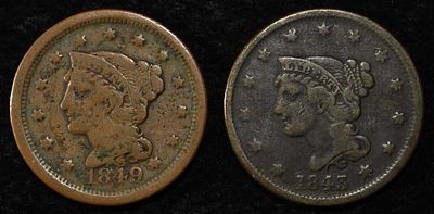 1843 & 1849 BRAIDED HAIR LARGE CENTS. BID WITH SILVER CITY AUCTIONS ESTIMATE $90 - $130.