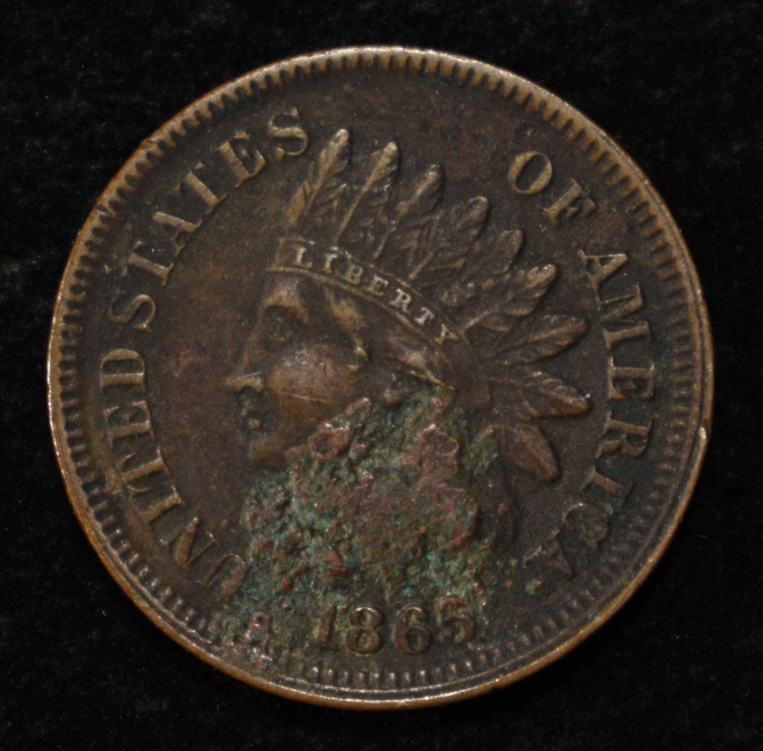 1865 INDIAN HEAD CENT XF DETAIL CORRODED