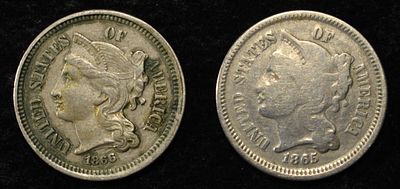 1865 & 1866 3-CENT NICKELS. TOP RATED AUCTION HOUSE ESTIMATE $100 - $150.