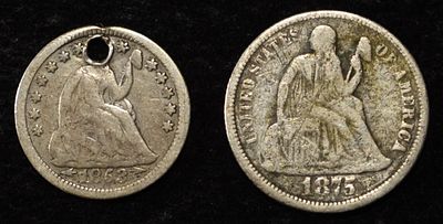 1853 HALF DIME HOLE & 1875 DIME LIBERTY SEATED. WEEKLY COIN & CURRENCY AUCTIONS ESTIMATE $75 - $100.