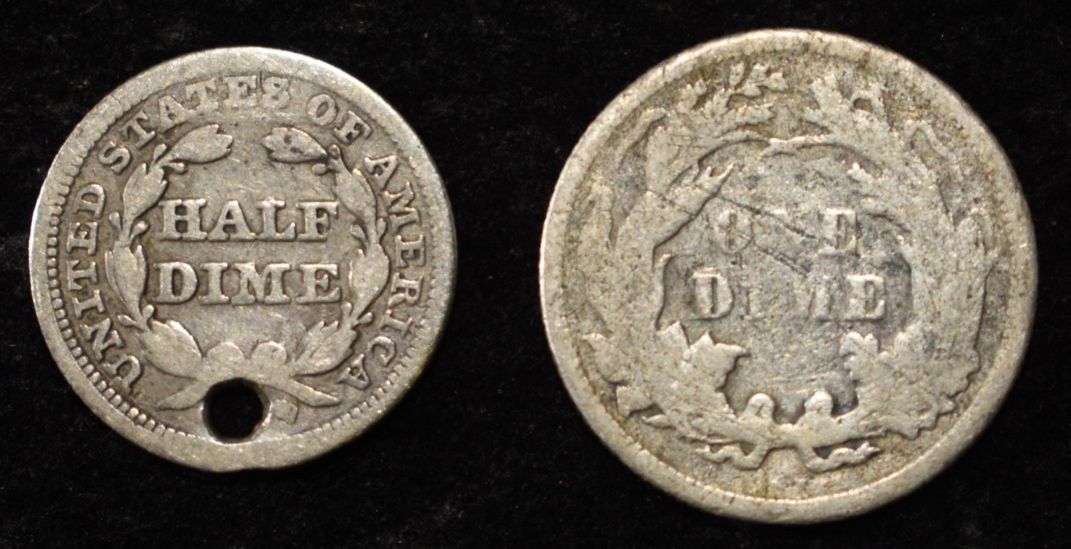 1853 HALF DIME HOLE & 1875 DIME LIBERTY SEATED