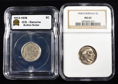 (2) GRADED BUFFALO NICKELS. 1930-S BUFFALO NICKEL ICG GENUINE & 1938-D BUFFALO NICKEL NGC MS65 
