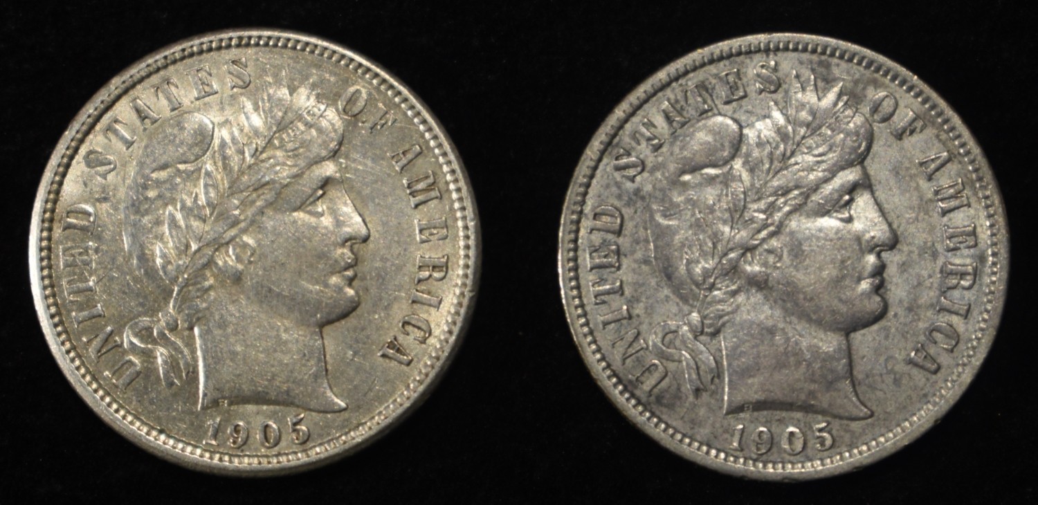 (2) 1905 BARBER DIMES XF/AU