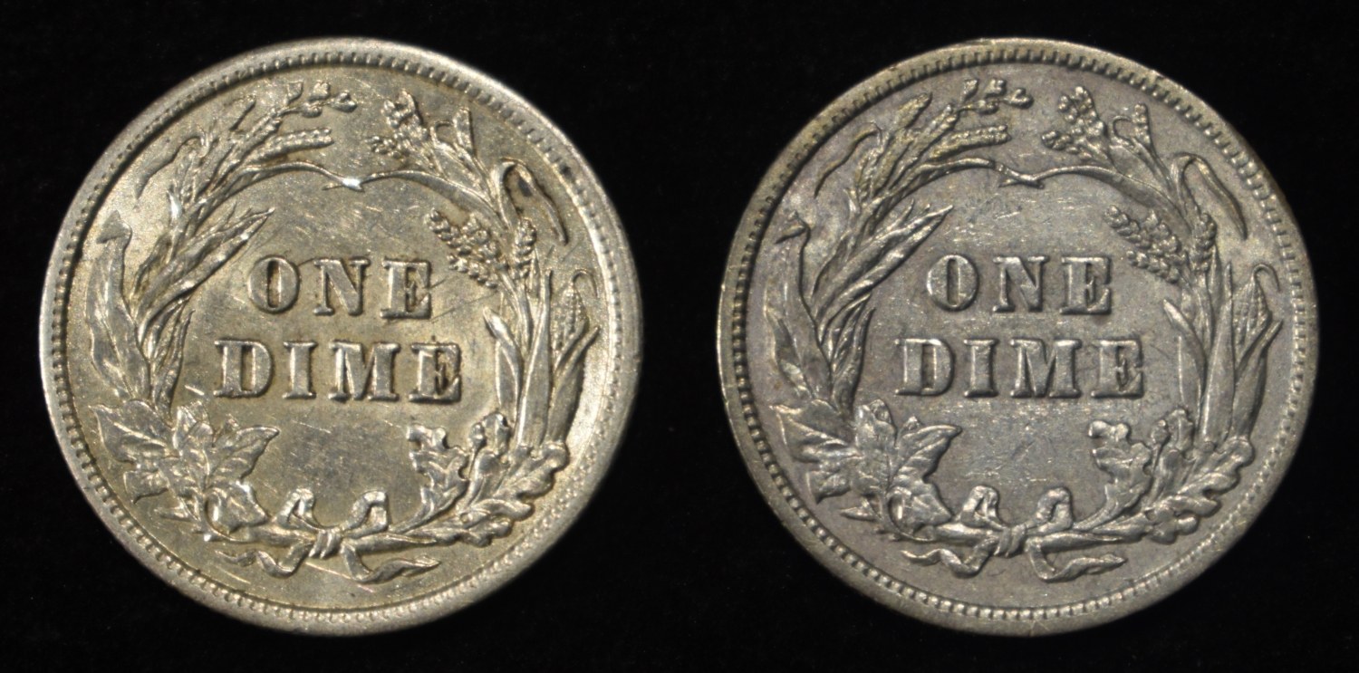(2) 1905 BARBER DIMES XF/AU