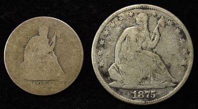 1858 25C & 1875 50C LIBERTY SEATED COINS. WEEKLY COIN & CURRENCY AUCTIONS ESTIMATE $100 - $150.