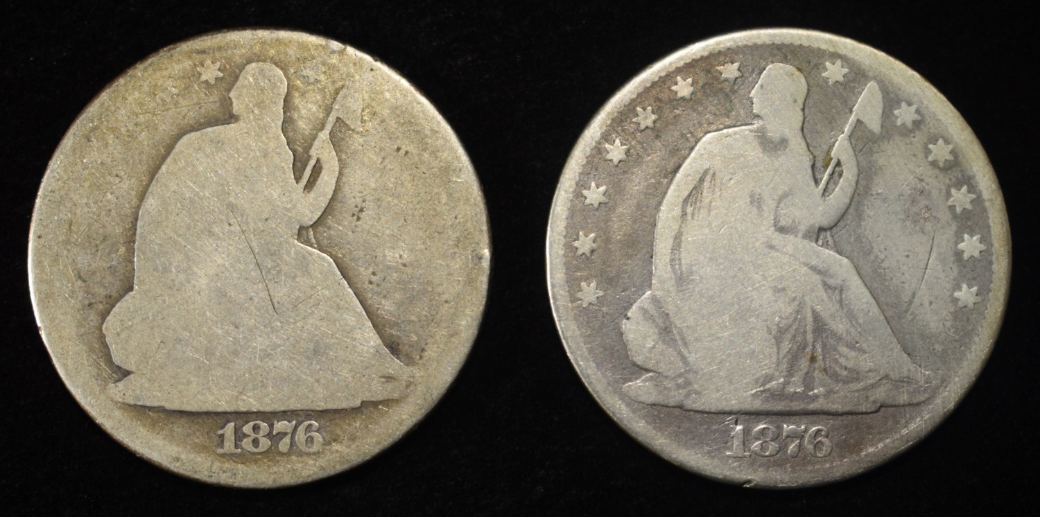 (2) 1876 SEATED LIBERTY HALF DOLLARS G/VG