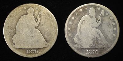 (2) 1876 SEATED LIBERTY HALF DOLLARS G/VG. TOP RATED AUCTION HOUSE ESTIMATE $130 - $180.