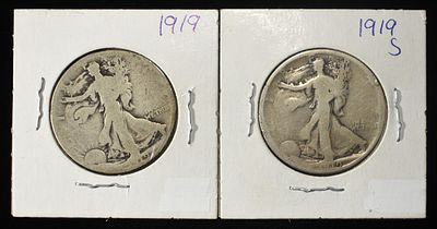 1919-P&S WALKING LIBERTY HALF DOLLARS. LEADERS IN ON-LINE AUCTIONS ESTIMATE $150 - $200.