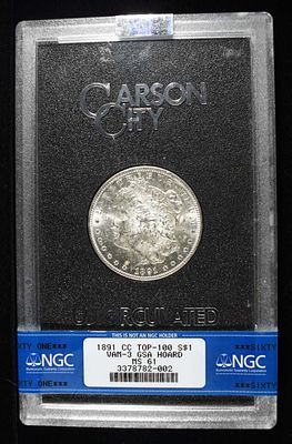 1891-CC MORGAN DOLLAR GSA NGC MS-61 VAM-3. TOP 100 VAM, SCARCE DATE IN GSA HOLDER ESTIMATE $3000 