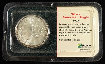 2003 AMERICAN SILVER EAGLE. WEEKLY COIN & CURRENCY AUCTIONS ESTIMATE $110 - $160.