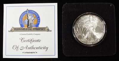 2008 AMERICAN SILVER EAGLE. BID WITH SILVER CITY AUCTIONS ESTIMATE $110 - $160.