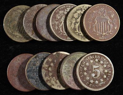 (11) SHIELD NICKELS. WEEKLY COIN & CURRENCY AUCTIONS ESTIMATE $200 - $250.