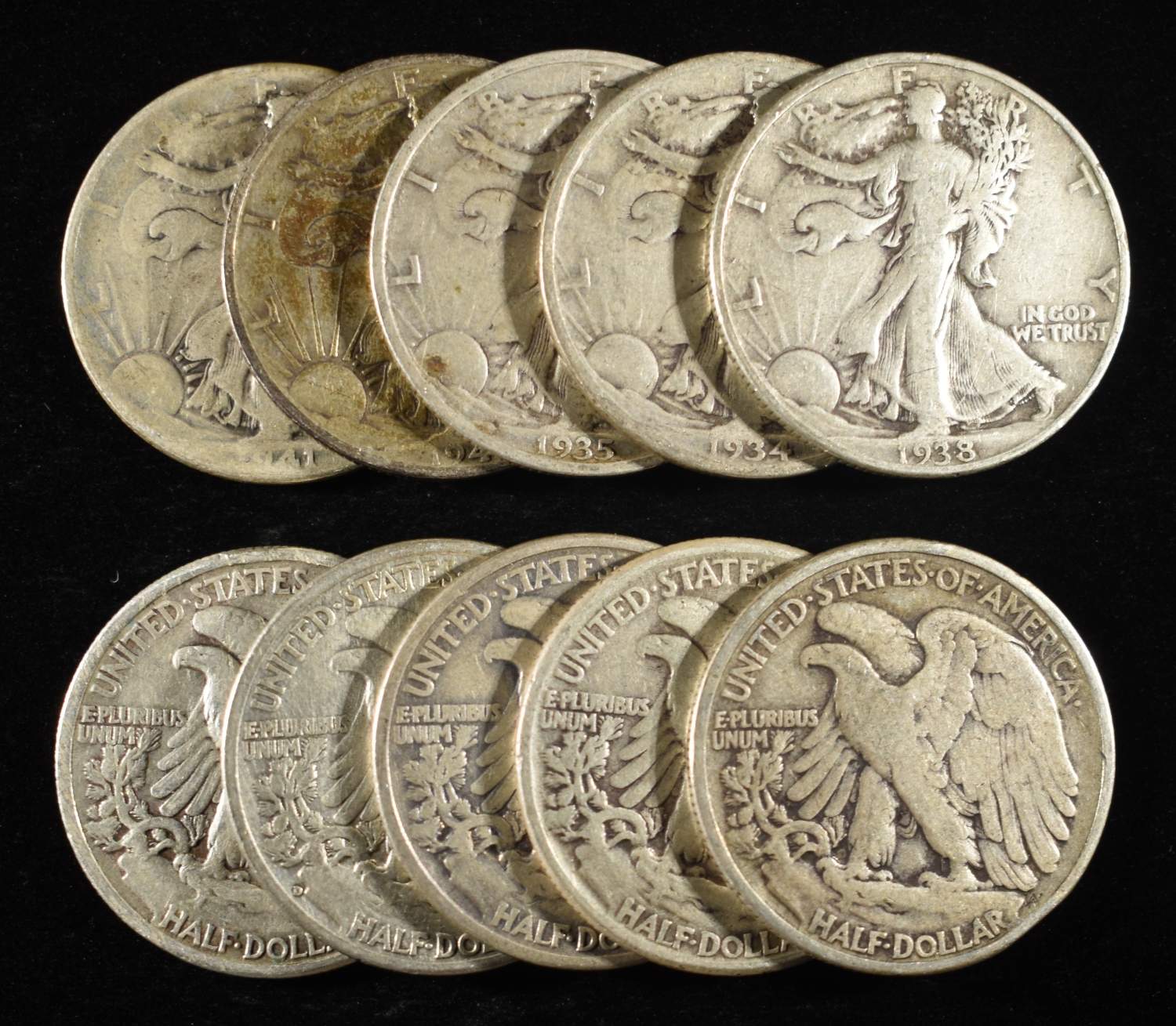 (10) 90% SILVER WALKING LIBERTY HALF DOLLARS
