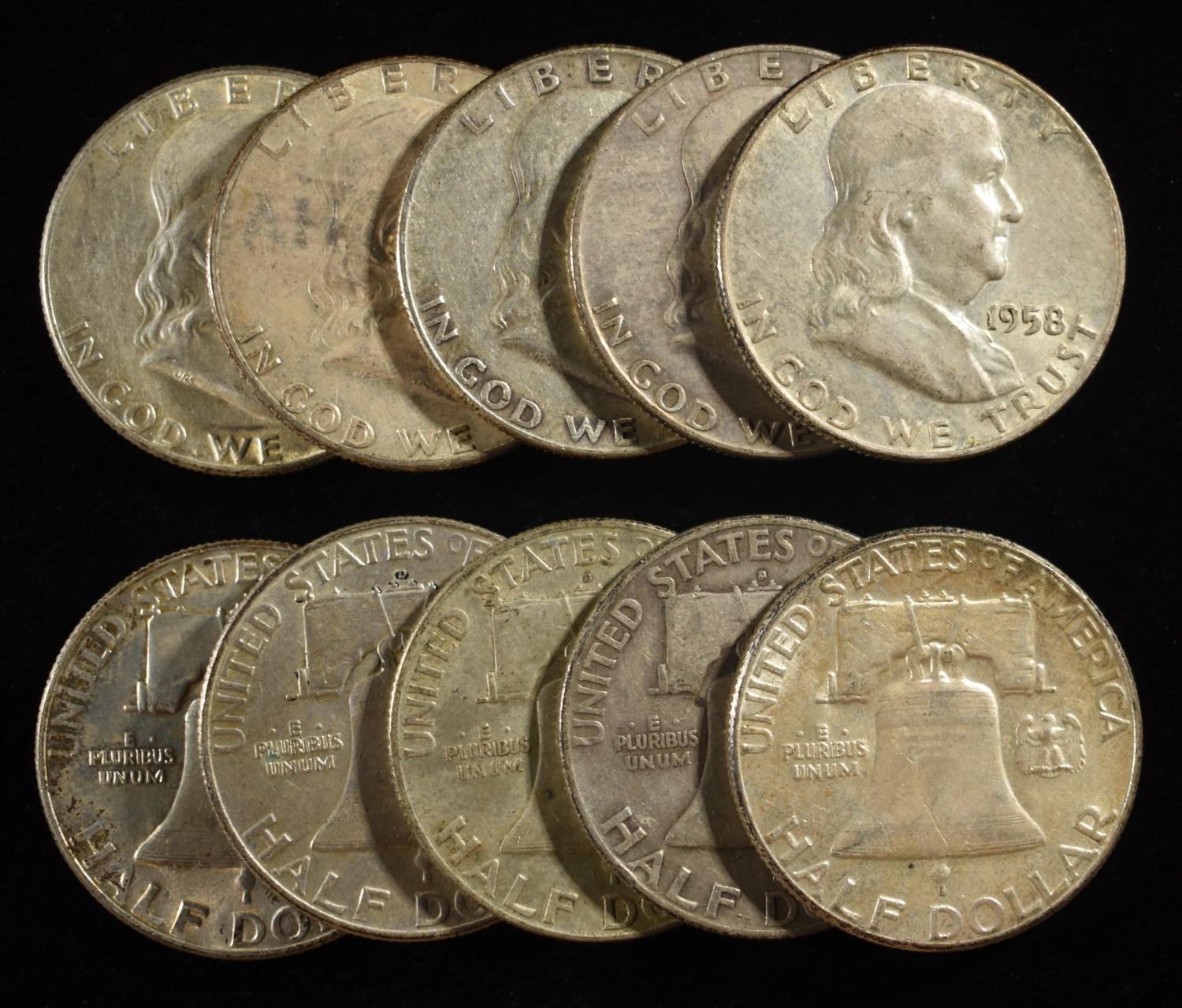 (10) 90% SILVER FRANKLIN HALF DOLLARS