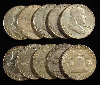 (10) 90% SILVER FRANKLIN HALF DOLLARS. CHECK OUT OUR UPCOMING AUCTIONS ESTIMATE $420 - $470.