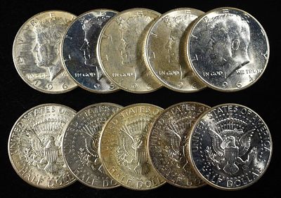 (10) KENNEDY HALF DOLLARS 90% SILVER. BID WITH SILVER CITY AUCTIONS ESTIMATE $350 - $400.