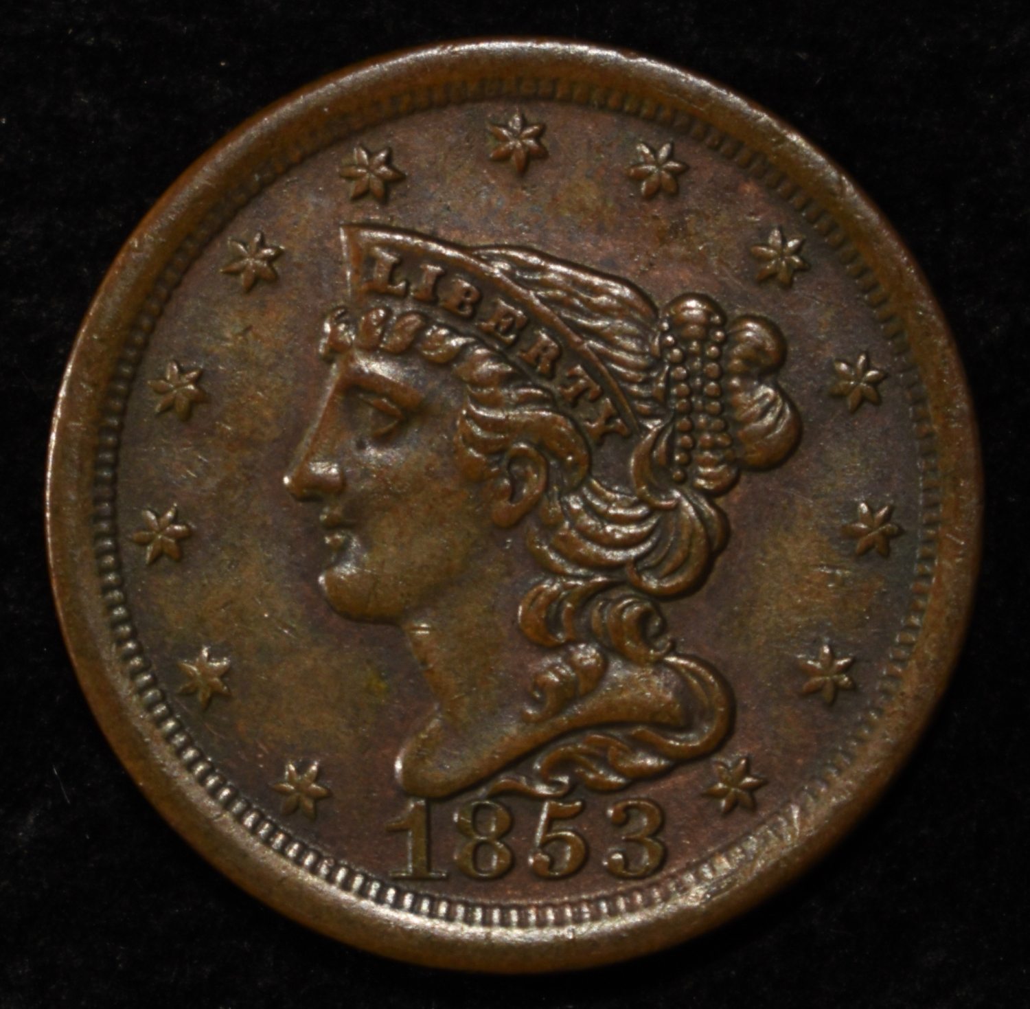 1853 BRAIDED HAIR HALF CENT CH ORIG UNC