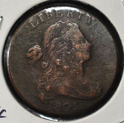 1801 DRAPED BUST LARGE CENT F/VF. CHECK OUT OUR UPCOMING AUCTIONS ESTIMATE $420 - $470.