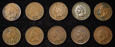 10 HIGH GRADE INDIAN CENTS. 1891, 1897, 1898, (3) 1901, (3) 1903, 1907 ALL ARE AU ESTIMATE $80 - 