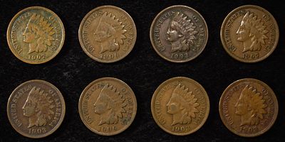 8 BETTER GRADE INDIAN CENTS. (4) 1903, (2) 1906, (2) 1907 ALL ARE XF ESTIMATE $60 - $80.