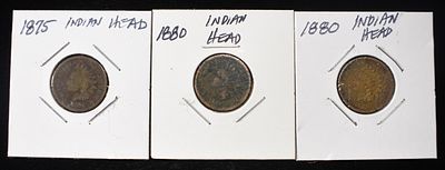 1875 & (2) 1880 INDIAN CENTS. BID WITH SILVER CITY AUCTIONS ESTIMATE $60 - $80.
