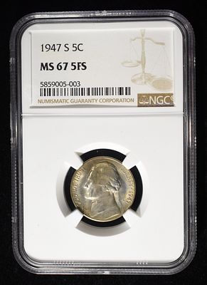 1947-S JEFFERSON NICKEL NGC MS67 5FS. LEADERS IN ON-LINE AUCTIONS ESTIMATE $11000 - $12000.