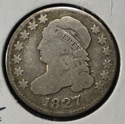 1827 CAPPED BUST DIME FINE. LEADERS IN ON-LINE AUCTIONS ESTIMATE $180 - $230.