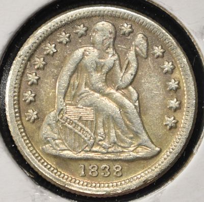 1838 SEATED LIBERTY DIME AU. TOP RATED AUCTION HOUSE ESTIMATE $600 - $650.