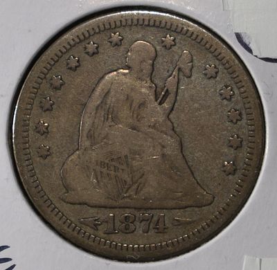 1874-S LIBERTY SEATED QUARTER ARR. FINE. LEADERS IN ON-LINE AUCTIONS ESTIMATE $60 - $80.