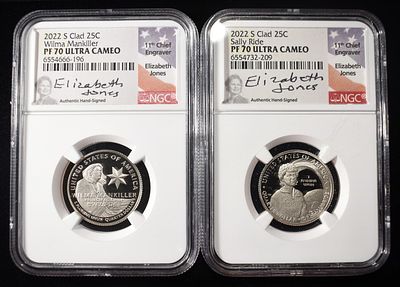 (2) 2022-S CLAD WASHINGTON QUARTERS NGC PF70UCAM. SALLY RIDE, WILMA MANKILLER LEADERS IN ON-LINE 