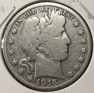 1915-S BARBER HALF DOLLAR. LEADERS IN ON-LINE AUCTIONS ESTIMATE $75 - $100.