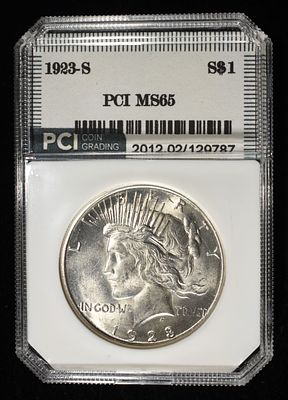 1923-S PEACE DOLLAR PCI GEM BU. LEADERS IN ON-LINE AUCTIONS ESTIMATE $300 - $350.