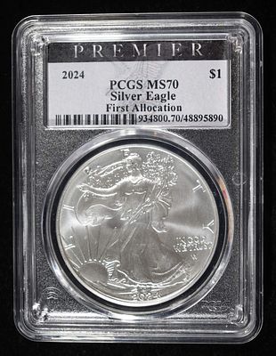 2024 AMERICAN SILVER EAGLE PCGS MS70 FA. TOP RATED AUCTION HOUSE ESTIMATE $100 - $150.