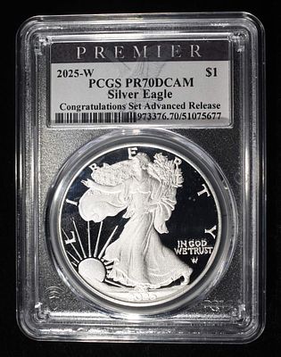 2025-W AMERICAN SILVER EAGLE PCGS PR70 DCAM. BID WITH SILVER CITY AUCTIONS ESTIMATE $270 - $320.