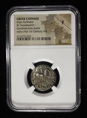 GONDOPHARES-SASES, EARLY-MID 1ST CENTURY AD NGC F. GREEK COINAGE, INDO-PARTHIANS, BI TETRADRACHM 