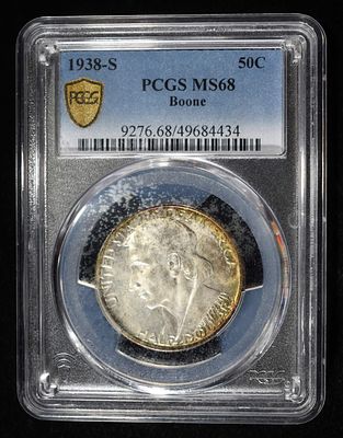 1938-S 50C COMMEM BOONE PCGS MS68. BID WITH SILVER CITY AUCTIONS ESTIMATE $32000 - $34000.