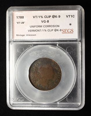 1788 VERMONT 1% CLIP @K-9 SEGS VG-8. WEEKLY COIN & CURRENCY AUCTIONS ESTIMATE $800 - $900.