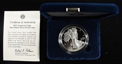 2011-W AMERICAN SILVER EAGLE PROOF. LEADERS IN ON-LINE AUCTIONS ESTIMATE $100 - $150.